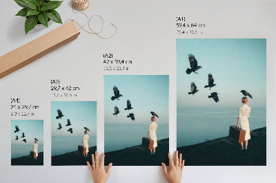 Art print Woman with a suitcase birds sky surrealism