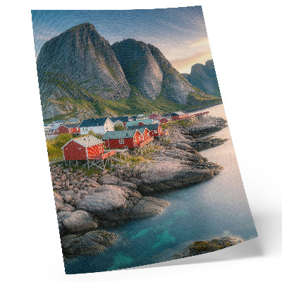 Decorative poster Charming cottages, a calm sea, and majestic mountains