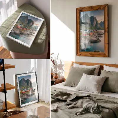 Decorative poster featuring charming cottages, a calm sea, and majestic mountains