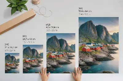 Decorative poster featuring charming cottages, a calm sea, and majestic mountains