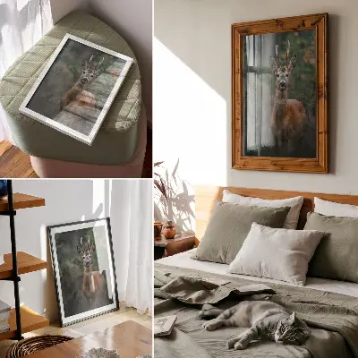 Decorative poster deer in the forest with a green background