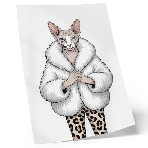 Poster cat wearing a fur coat and leopard print pants