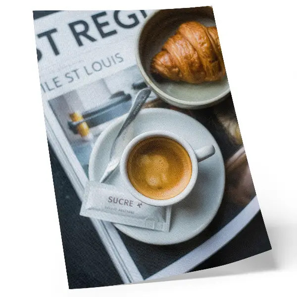 Decorative poster featuring a black and white coffee and croissant aesthetic for a relaxing atmosphere