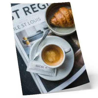 Decorative poster featuring a black and white coffee and croissant aesthetic for a relaxing atmosphere