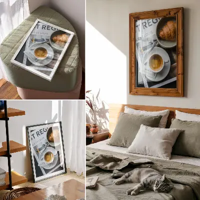 Decorative poster featuring a black and white coffee and croissant aesthetic for a relaxing atmosphere