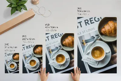 Decorative poster featuring a black and white coffee and croissant aesthetic for a relaxing atmosphere