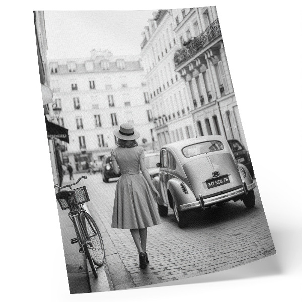 Art print Retro charm woman in the city classic car