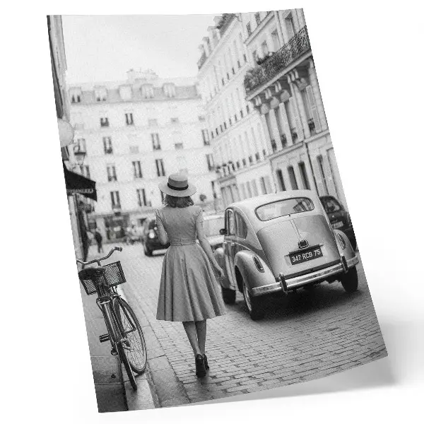 Art print retro charm woman in the city with a classic car