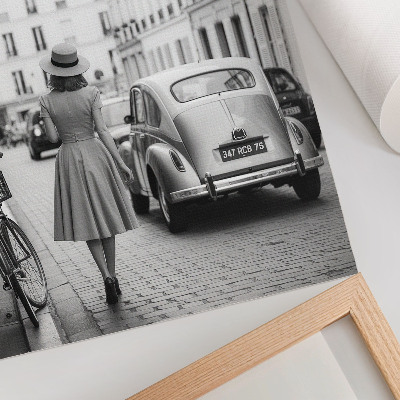 Art print Retro charm woman in the city classic car
