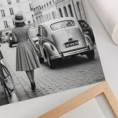 Art print retro charm woman in the city with a classic car