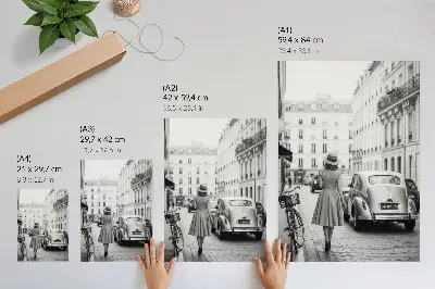Art print retro charm woman in the city with a classic car
