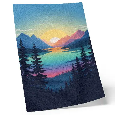 Art print colorful mountains with a sunset and a lake