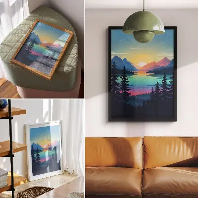 Art print colorful mountains with a sunset and a lake