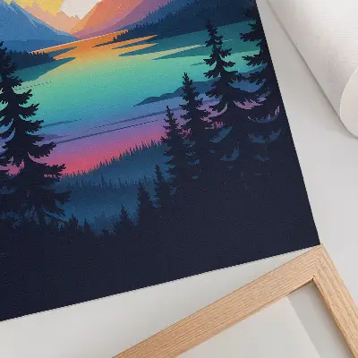Art print colorful mountains with a sunset and a lake