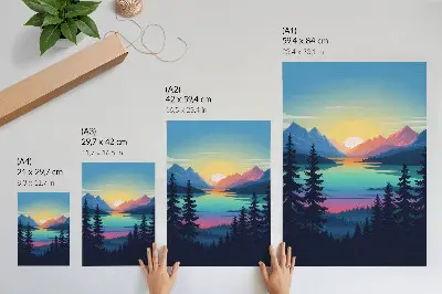 Art print colorful mountains with a sunset and a lake