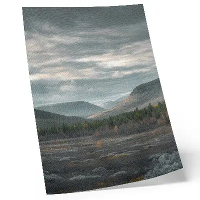 Premium wall art cloudy mountains with green trees and a peaceful valley
