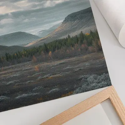 Premium wall art cloudy mountains with green trees and a peaceful valley