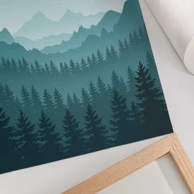Decorative poster featuring blue mountains and green trees in a nature landscape