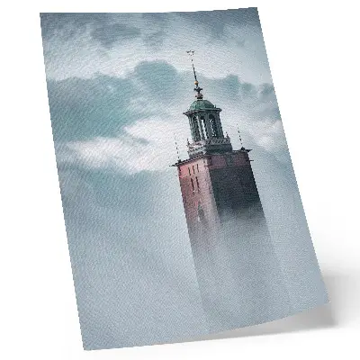 Decorative poster a historic tower shrouded in delicate fog