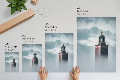 Decorative poster a historic tower shrouded in delicate fog