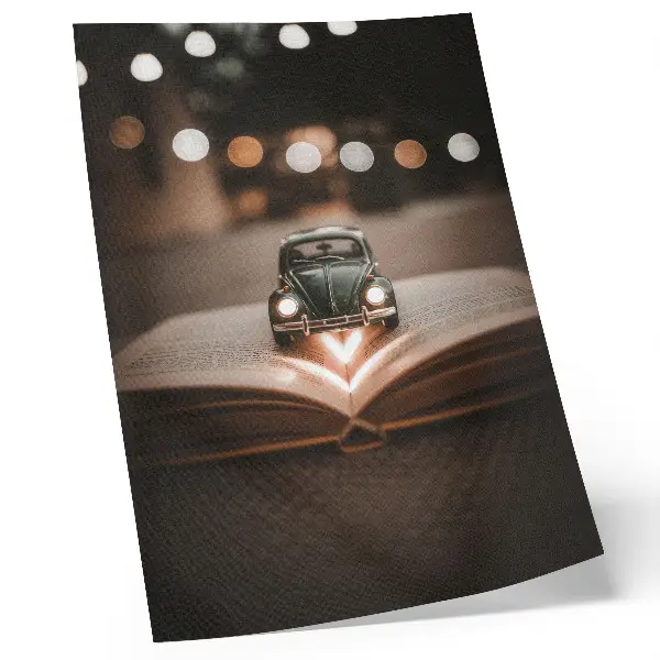 Miniature car on a book with magic lights art print