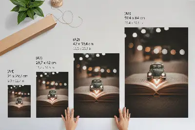 Miniature car on a book with magic lights art print