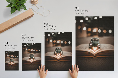 Art print Miniature car on a book with magic lights
