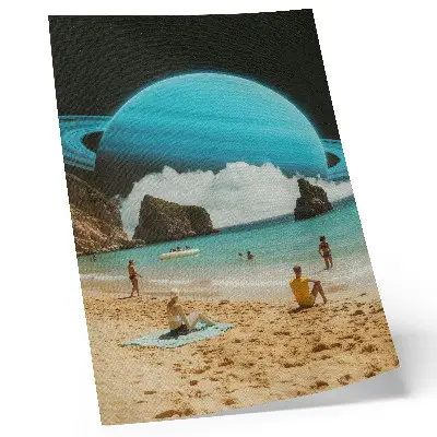 Premium wall art beach with a planet above the water on a sunny day