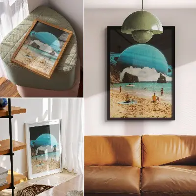 Premium wall art beach with a planet above the water on a sunny day