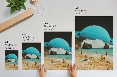 Premium wall art beach with a planet above the water on a sunny day
