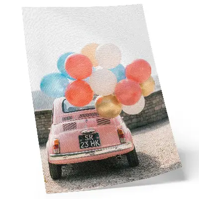 Poster pink car with balloons against a retro background
