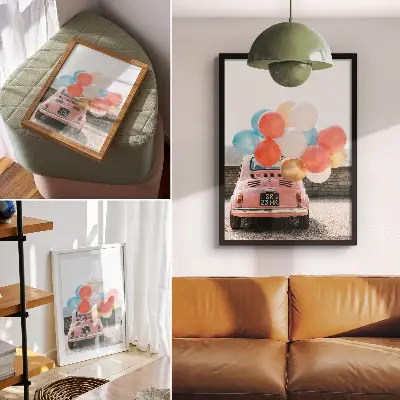 Poster pink car with balloons against a retro background