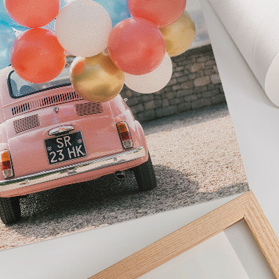 Poster Pink car with balloons in the retro background