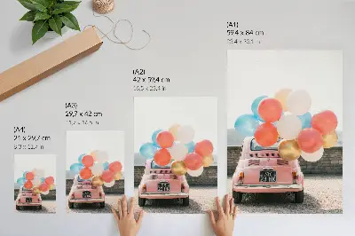 Poster pink car with balloons against a retro background