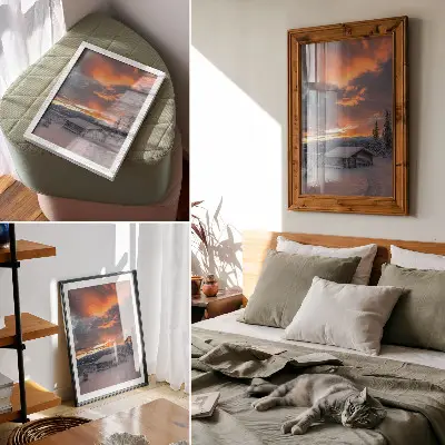 Art print winter shelter with an orange sky