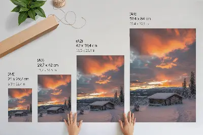 Art print winter shelter with an orange sky