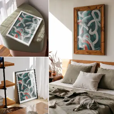 Decorative poster with abstract dynamic strokes in turquoise colors