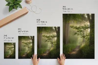 Art print green leaves, beam of light, and forest path