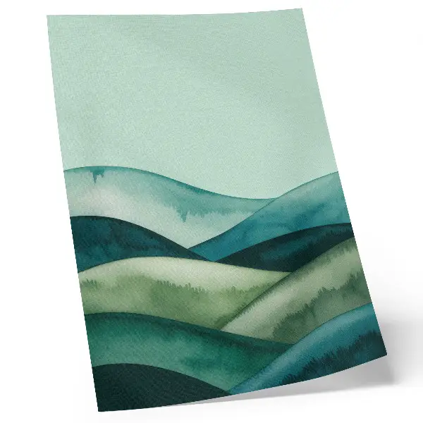 Decorative poster green hills with a turquoise atmosphere in watercolor style