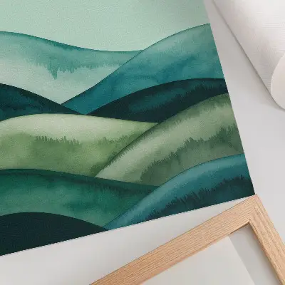 Decorative poster green hills with a turquoise atmosphere in watercolor style