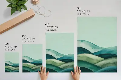 Decorative poster green hills with a turquoise atmosphere in watercolor style