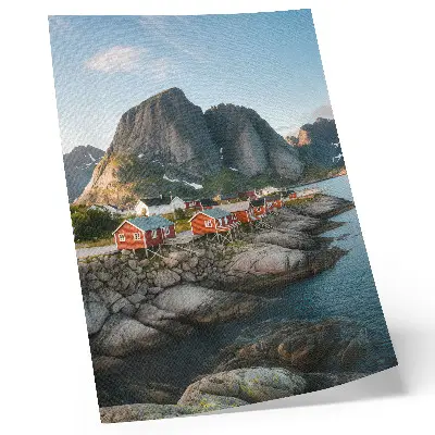 Art print red houses by the fjord with mountains at sunset