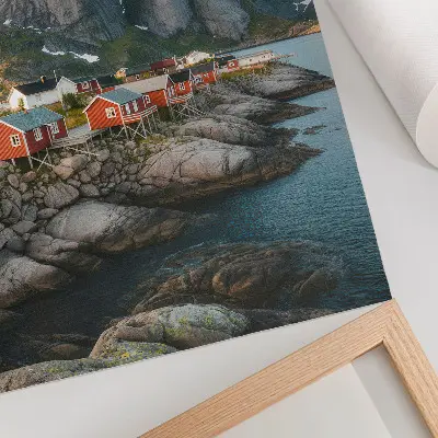 Art print red houses by the fjord with mountains at sunset