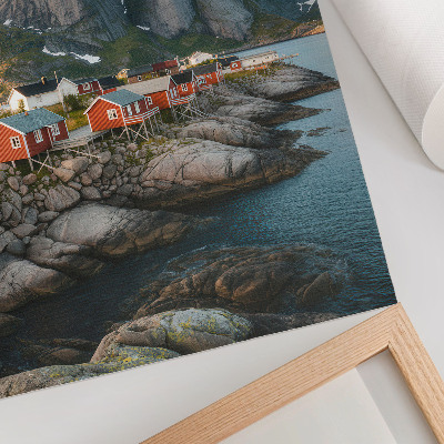 Art print Red houses fjord mountains sunset