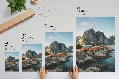 Art print red houses by the fjord with mountains at sunset