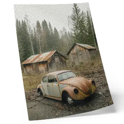 Premium wall art featuring a rusty car near a wooden shed in a green forest