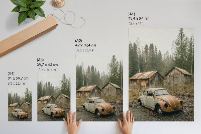 Premium wall art Rusty car wooden shed green forest