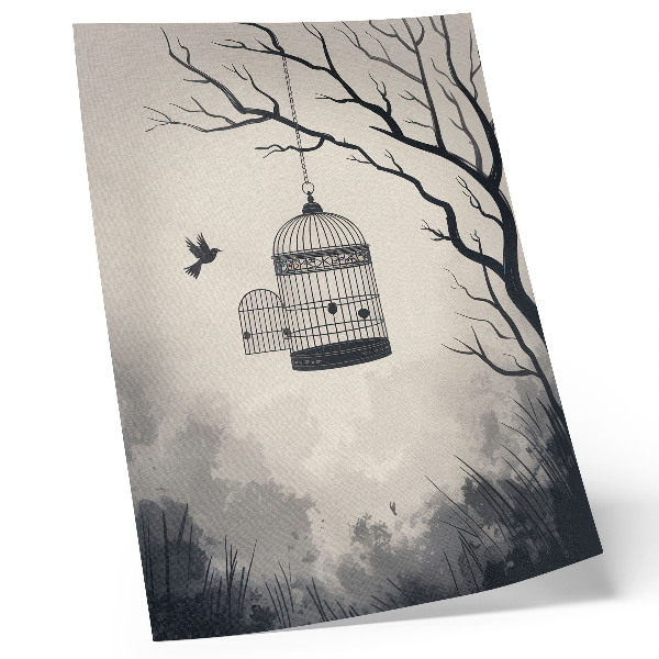 Premium wall art Black and white bird cage tree simplicity