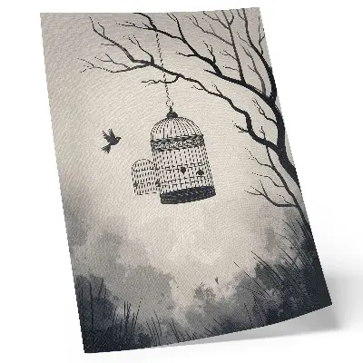 Premium wall art black and white tree with bird cage minimalist design
