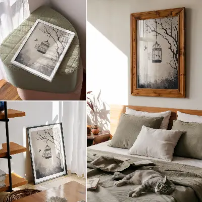 Premium wall art black and white tree with bird cage minimalist design